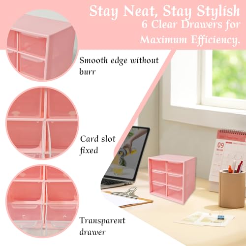 Small Drawer Organizer for Desk, 4.7" x 4.7" x 3.8" Small Desktop Organizer with 6 Drawers, Plastic Storage Box for Office, Classroom, Craft and Home Organization - color: Pink