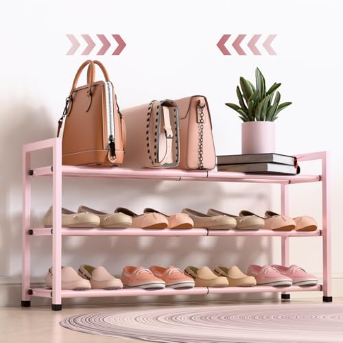 Bumusty 3-Tier Expandable Shoe Rack for Closet, 18“-33” Adjustable Shoe Rack for Small Space, Small Shoe Organizer for Front Door, Sturdy Metal, Pink - color: Pink, size: 3-Tier