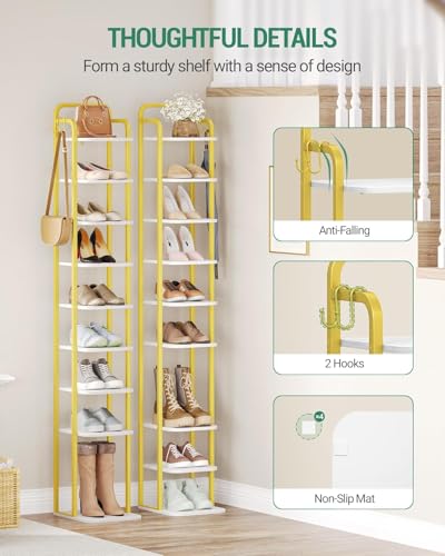 Hzuaneri 10 Tiers Vertical Shoe Rack, Narrow Shoe Tower, Tall Shoes Shelf with 2 Hooks, Adjustable Shelves, Corner Shoes Shelves for Small Spaces, Entryway, Living Room, White Gold SR11213A - color: White Gold, size: 10 Tier(11.8"D x 10.4"W x 67.3"H)