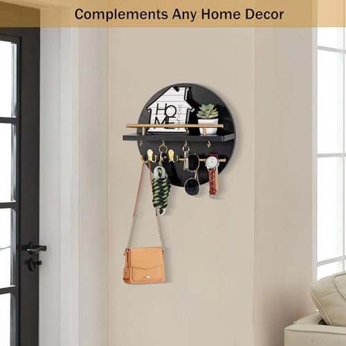 dreampossible Key Holder for Wall Decorative with Shelf and Hooks, Mail Organizer Wall Mount with Sunglasses Holder, Circular Design Entryway Key Rack Hanger, Rustic Home Decor - color: black&gold