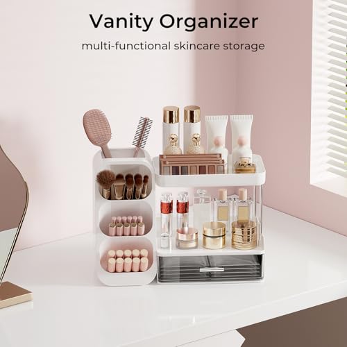 Makeup Organizer for Vanity with Brush Holder, 2 Tiers Countertop Skincare, Cologne Organizer and Perfume Stand for Men Bathroom Vanity, Large Capacity Makeup Storage, Black - color: White+Clear, size: Large