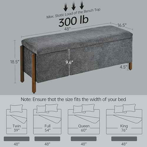 Usaint Wooden Storage Ottoman Bench, 47" Fabric Upholstered End of Storage Bench with Rubberwood Legs, Entryway Bench with Storage for Bedroom, Living Room, Reception, Cloakroom, Charcoal - color: Charcoal