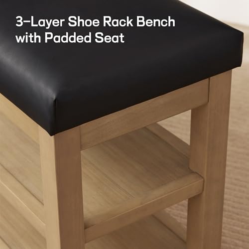 Zihanhome Shoe Rack Bench with Leather Cushion, 2 Tier Solid Wood Storage Bench, Mid-Century Modern Shoe Bench for Entryway, Hallway, Closet, Front Door Entrance, Foyer (Black, 39.4") - color: Black, size: 39.4"