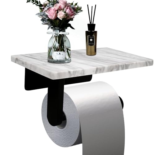 Toilet Paper Holder with Natural Marble Shelf for Bathroom Washroom,Wall Mounted Tissue Holder Suitable for Mega Rol(Middle 7.87 * 4.72 in, Matte Black) - color: Matte Black, size: Middle 7.87 * 4.72 in