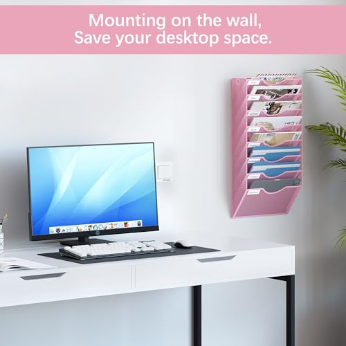 EasyPAG 8 Pocket Mesh Wall File Organizer, Hanging Paper Folder Holder with Classify Label, Vertical Wall Mount Mail Organizer for Office Home Classroom, Pink - color: Pink, size: 8 Tier