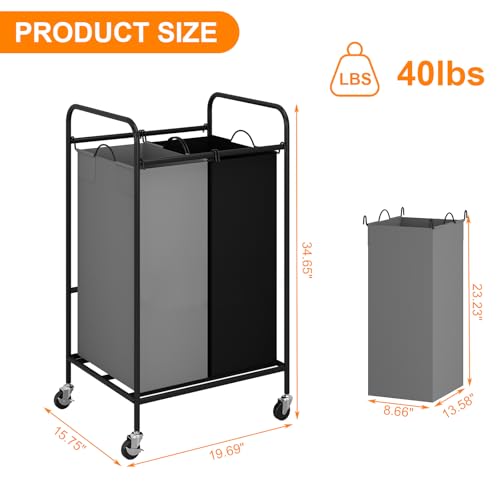 2 Section Laundry Hamper, 80L Large Rolling Laundry Sorter Cart, Laundry Basket with Lockable Wheels & Removable Bags, Laundry Room Organization for Dirty Clothes Storage - size: 2 Section Bags
