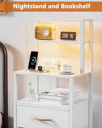 Furnulem Night Stand, White Bedside Nightstand with 4-Tier Shelves and 3 Fabric Drawers, LED Bed Side Tables with Charging Station, Tall Dresser for Bedroom, Hallway, Office - color: White, size: 3 Drawer