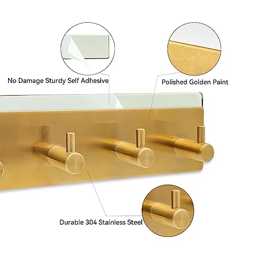 Self Adhesive Key Hook Rack with 4 Hooks for Keys, Masks - Wall Mounted Entryway, Hallway Hanger - Gold - color: Gold