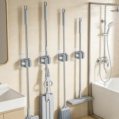 Broom Holder Wall Mount, 4 Pack Mop and Broom Holder, PlasticBroom Hangers for Wall, Gray, Space-Saving Tool Organizer for Kitchen Laundry Garage Garden, Easy Install, Non-Slip Grips