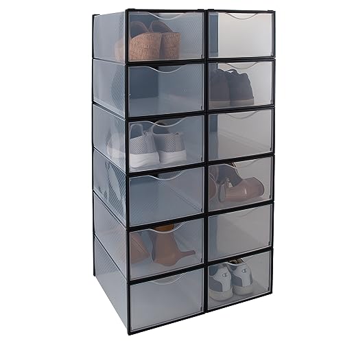 Simplify Set of 12 Stackable Shoe Boxes | Customizable | Fits Size 11 Shoes | Drop Front Design | Closet Storage | Sneakers | Heels | Clear and Black - color: Black