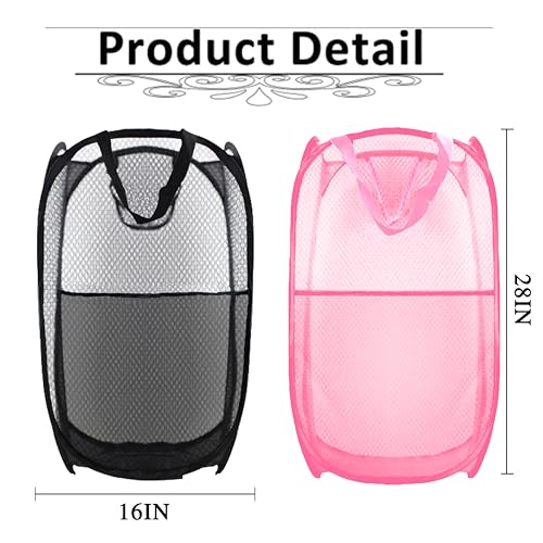 Collapsible Pop Up Laundry Hamper, Extra Large Mesh Foldable Laundry Basket Bag, 28" x 16" x 16", 2 Pack (Black + Pink) - color: 2P Black+Pink