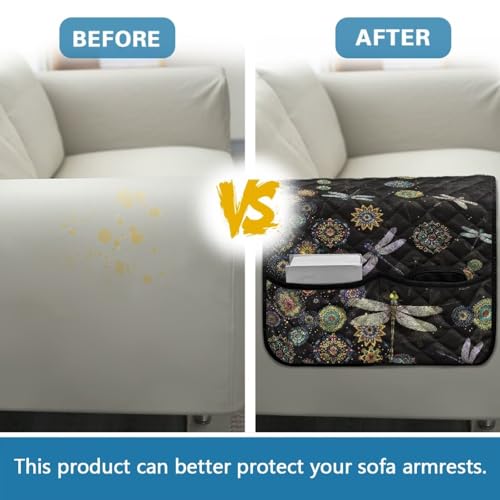Boho Mandala Dragonfly Print Sofa Armrest Organizer, Couch Armrest Cover for Recliner with Side Pocket Stain Resistant Armchair Slipcover for Couch, Remote Controls Holder - color: Boho Mandala Dragonfly