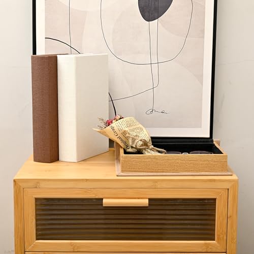 DECOR4SEASON Modern Linen and Wood Decorative Book Boxes, Set of 3 Earthy Neutral Faux Books for Bookshelf Decor, Coffee Table Storage Trays for Remotes & Jewelry, Brown, Taupe, and Off-White - color: Brown,Taupe,Off-White, size: 10"