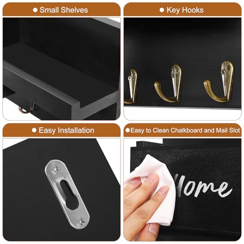 Decorative Key Hanging Rack with 8 Hooks – Easy Install Natural Wooden Key and Mail Holder for Wall Mount – Sunglasses Wallet Holder Entryway Decor with Shelf and Chalkboard (Coal Black) - color: Coal Black