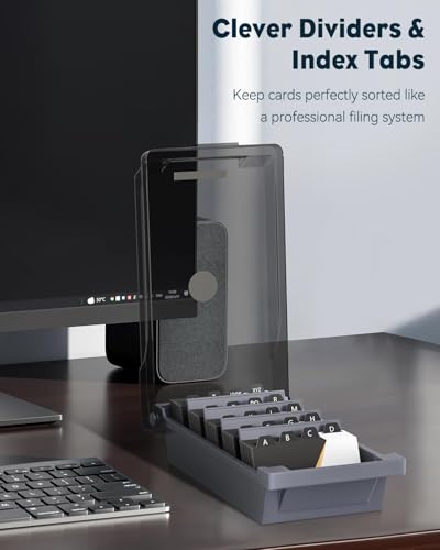 Uniclife Business Card Holder for Desk, Large Plastic Business Card Organizer Business Card Box with Lid, Dividers & A-Z Index Tabs, Desktop Index Card Holder, Name Card Storage Box, 500 Card Capacity - size: Medium