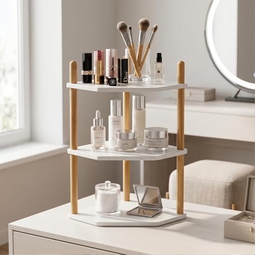 3-Tier Expandable Bamboo Corner Shelf - Dish/Plate Organizer for Cabinet, Kitchen Counter Shelf & Small Kitchen Shelf, Adjustable (White, 1-Pc 6.70" H) - color: 6.7"H-White-3