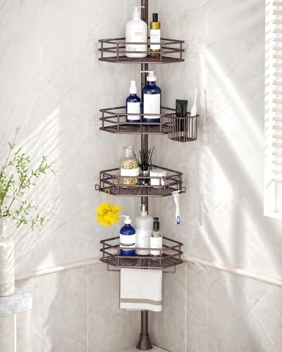 SEIRIONE Corner Shower Caddy Tension Pole, Quick Setup, Rust-Free Bathroom Shower Organizer Corner for Bathtub Shampoo Storage, 4-Tier Adjustable Shelf, Drill Free, Fits 34 to 116 Inch Height, Bronze - color: Bronze