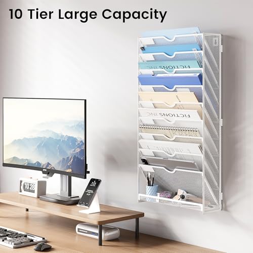 10-Tier Wall Mounted File Organizer, Metal Mesh Paper Holder (White) - color: White