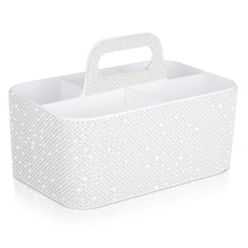 Marspark Bling Makeup Caddy Organizer with Handle, Sparkly Art Craft Holder, Glitter Bathroom Hair Caddy, Shimmer Pen Pencil Holder for Women Desk Organizer, Bling Gifts for Women(White,Pearl Diamond) - color: White, style: Pearl Diamond