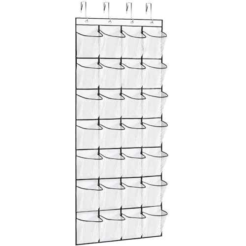 VOPTON 28Large Pockets Over The Door Shoe Organizer, Hanging Shoe Organizer for Closet, Premium Clear Shoe Rack for Door, Shoes Hanger Organizers Storage Holder for Back of Door and 4Metal Hook White