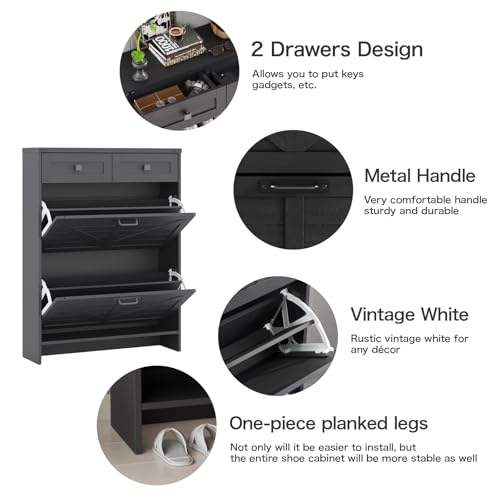Halitaa Shoe Cabinet with 2 Flip Drawers & 2 Drawers,Farmhouse Shoe Storage Cabinet for Entryway,Slim Freestanding Narrow Organizer Rack for Front Door Entrance,Black - color: Black, style: 2-Drawers