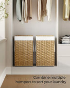SONGMICS Laundry Hamper with Lid, 17.2 Gallon (65 L) Synthetic Rattan Clothes Laundry Basket with Lid and Handles, Foldable, Removable Liner, Goose Yellow ULCB165N01 - color: Goose Yellow, size: 65 L