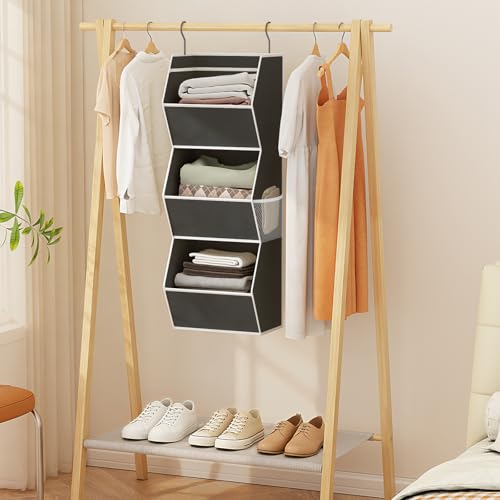 Hanging Closet Organizer 3 Shelf Collapsible Bedroom Closet Organizers and Storage Hanging with Mesh Pocket for Clothes, Closet Hanging Organizers and Storage for Fabric Wardrobe Space Saver, Black - color: Black-1 Pack, size: 3-shelf