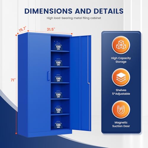 Yizosh Metal Garage Storage Cabinet with 2 Doors and 5 Adjustable Shelves - 71" Steel Lockable File Cabinet,Locking Tool Cabinets for Office,Home,Garage,Gym,School (Blue) - color: Blue, size: 71"H x 32"W x 16"D-A