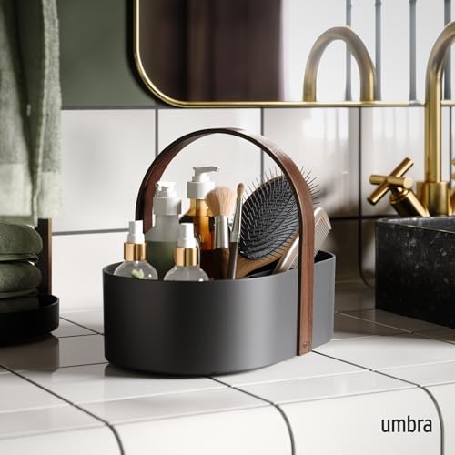 Umbra Bellwood Caddy, Organizer Bin for Makeup and Cosmetics, Durable Lightweight Container with Wooden Handle and Removable Dividers, Small Black/Walnut - color: Black/Walnut, size: Small