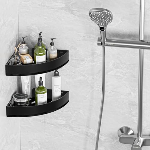 Wisfame Black Corner Shower Caddy - Rustproof Aluminium Triangle Shower Shelf - No Drill & Drill Installation - 2 Bathroom Shelves Wall Mounted (20LB Capacity/Tier) - color: Black