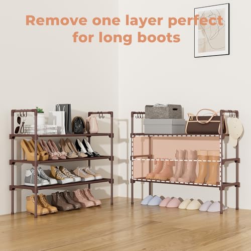 LANTEFUL 3 Tier Shoe Rack for Closet Shoe Organizer with 5 Hooks, Long Shoe Shelf Storage for Shoe and Boot Stackable Free Standing Shoe Rack for Entryway, Garage, Small Spaces, Dorm, Brown - color: Brown, size: 27.8"W - 3 Tier