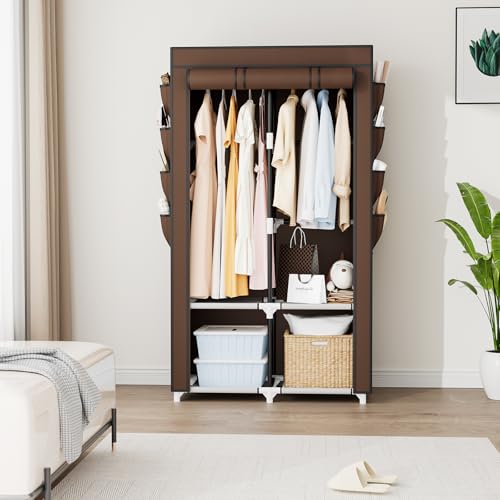 Portable Closet for Hanging Clothes, Portable Wardrobe Closet with Cover, 4 Storage Shelves, 2 Hanging Rods and 8 Side Pockets Easy Assembly and Sturdy Free Standing Closet for Bedroom Brown - color: Brown