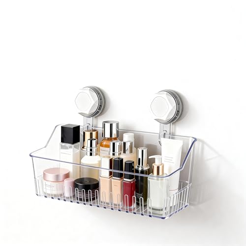 No Drill Bathroom Suction Storage Box, Strong Load-Bearing Shower Caddy Suction Cup Storage Rack with Drain Holes, Removable Hanging Wall Mount Shower Caddy Organizer for Bathroom, Kitchen