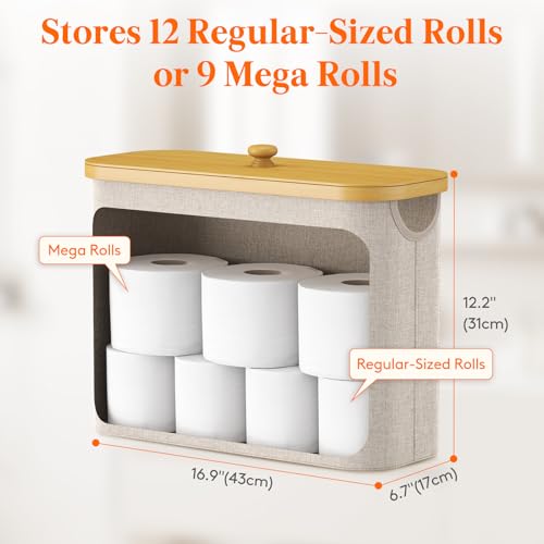 Lifewit Toilet Paper Storage Holder for 9 to 12 Rolls, Free Standing Toilet Paper Basket Stand with Bamboo Lid, Collapsible Fabric Bathroom Organizer Box for Mega Rolls, 23L, Large, White, Beige - color: Beige, size: 23L