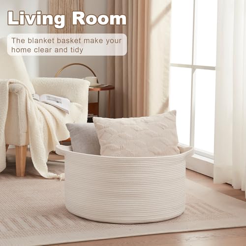 OIASKET Large Woven Baskets for Storage, 22.8" x 22.8" x 13" Blanket Storage Living Room, Baby Toy Basket for Clothes, Pillows, Towels, Shoe Basket for Entryway (White) - color: White, size: 90L
