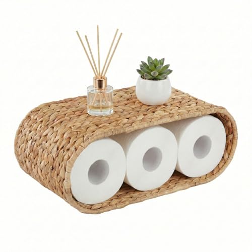 Coeusy Boho Rattan Wall Shelf for Bathroom, Wicker Wall Shelf for Toilet Paper Storage Holder, Handwoven Water Hyacinth Natural Decor for Over The Toilet, 2-Tier
