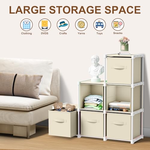 Briwooody 6 Cube Storage Organizer Bins with Shelf 11'' Toy Storage Box Back to School Dorm Organizers Fabric Unit for Playroom Book (Creamy White) - color: White