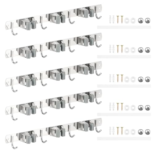 5 Pack Broom Holder Wall Mount 3 Racks 4 Hooks Stainless Steel Broom Mop Holder Anti Slip Storage Rack Strong Load Bearing Waterproof Broom and Mop Organizer Wall Hanging for Bathroom Kitchen Garage