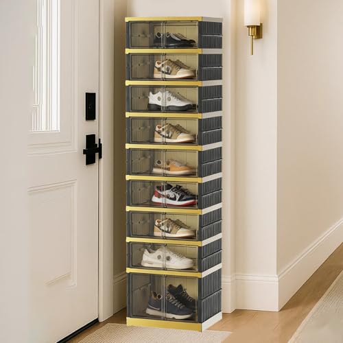 SYNCVIBE Portable Shoe Rack Organizer 9 Tiers 18 Pairs Collapsible Shoe Cabinet Foldable Shoe Storage Boxes Magnetic Doors, Folding Sneaker Organizer, Easy Assembly Shoe Shelf for Closet, Black Gold - color: Black and Golden, size: 9 Tier 18 Pairs
