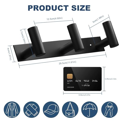 VAEHOLD Black Hat and Coat Wall Mount Rack - 3 Hooks for Robes, Bags, Keys, and Towels - Bathroom Towel Hanger Organizer (2 Pack) - color: Black, size: “T“ Shape 3 Hooks 2 Pack