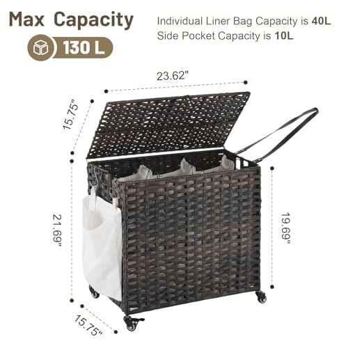 Laundry Hamper with Wheels, 34.3 Gallon(130L) Rolling Laundry Basket with Lid, 3-Section Rattan Clothes Hamper with 3 Removable Liner & 3 Mesh Bags, Laundry Sorter with Side Pocket, Brown - color: Brown, size: 130L（23.62 x 15.75 x 21.65 Inches）