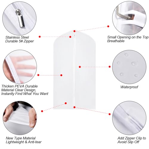 Suit Bags for Closet Storage Garment Bag 24''X40'' Clear Garment Bags for Hanging Clothes (Set of 6) Plastic Waterproof Suit Cover Bag with Zipper for Coats, Jackets, Shirts - color: White-Translucent, size: 24''X40''-6P