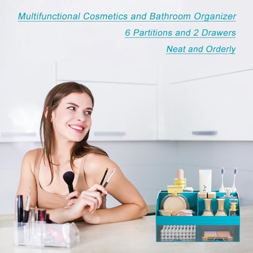 Makeup Organizer with 2 Drawers, Cosmetic Storage for Dresser Vanity and Bathroom Countertop,Make up organization and Skincare Storage with Beauty Brush Holder, Cosmetic Display Case (Dark Green) - color: Dark Green