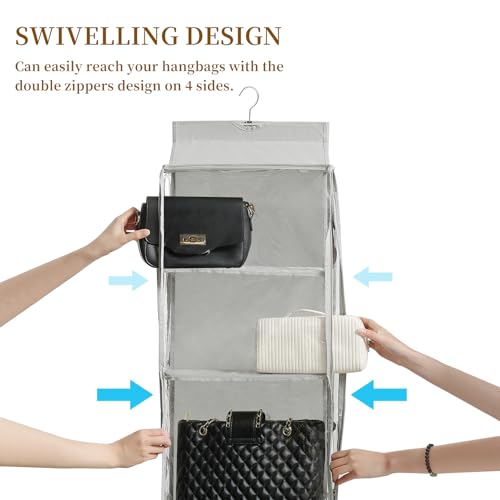 8 Grids in 1 Rotatable Hanging Purse Handbag Organizer with Double Zippers, Visible Purse Organizer for Closet, Fully Enclosed Handbag Storage Holder - color: Grey, size: Rotatable