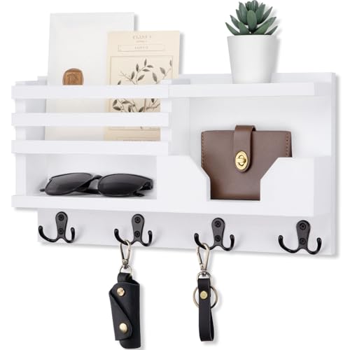 Lwenki Mail and Key Holder for Wall – Decorative 15.9” x 8.7” x 3.2” Entryway Organizer with Shelf – Paulownia Wood with 4 Dual Hooks Includes Mounting Hardware and Installation Guide - color: White