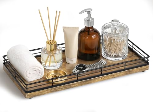 Bathroom Vanity Tray for Countertop, 12" x 6" Wood Toilet Tank Tray with Metal Guardrail, Bathroom Organizer for Soap, Perfume & Skincare, Non-Slip Decorative Tray for Dresser, Black & Rustic Brown - color: Rustic Brown, size: 12" x 6" x 1.5"