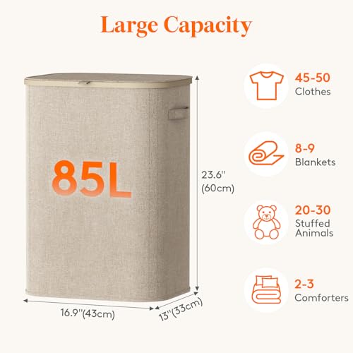 Lifewit 85L Large Laundry Basket with Lid, Laundry Hamper with Plastic Handles and Removable Bag, Foldable Tall Dirty Clothes Hampers for Laundry for Laundry Room, Bedroom, Bathroom, Dorm, Beige - color: Beige, size: 85L