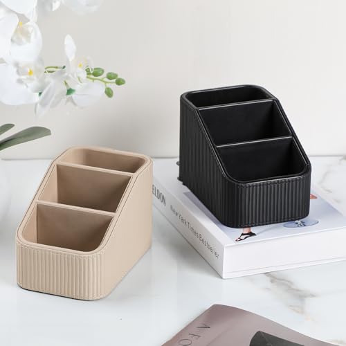 Remote Control Holder, PU Leather Nightstand Organizer Bedside Caddy with 3 Compartments, Small Desk Organizer for Remote/Pen/Glasses/Phone (Black) - color: Black