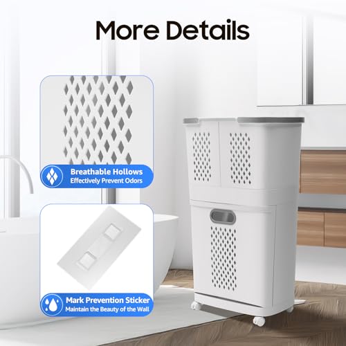 Removable Laundry Basket Organizer,3 Section Laundry Sorter with 4 Wheels,17.3×12.2×29.3in 2-Tier Divided Laundry Hamper with Wheels & Wall-Mountable Baskets,for Bedroom Laundry Room Bathroom