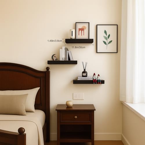 Floating Shelves for Wall, Bathroom Shelves Over Toilet, Wall Shelves & Book Shelf for Room, Hanging Shelf, Modern Wooden Wall-Mounted Small Floating Shelves, 12x7x1.5 in (Black, Set of 3) - color: Black, size: 12"(set of 3)